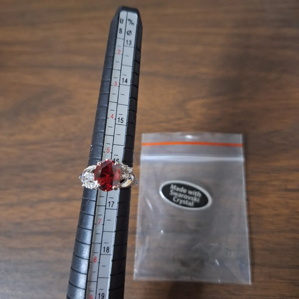 Red Swarovski Crystal Oval Statement Ring Silver Tone